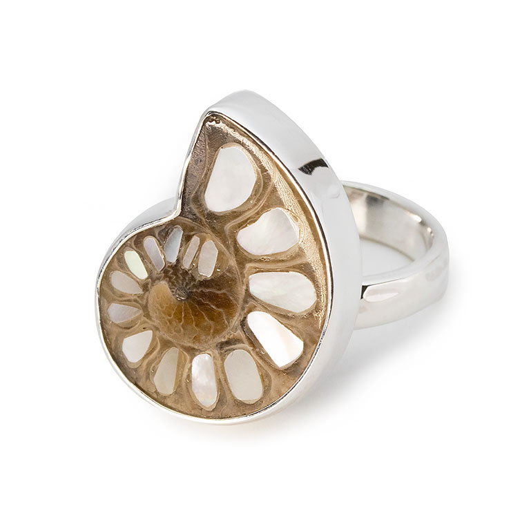 【一点もの】アンモナイト白蝶貝 象嵌 リング