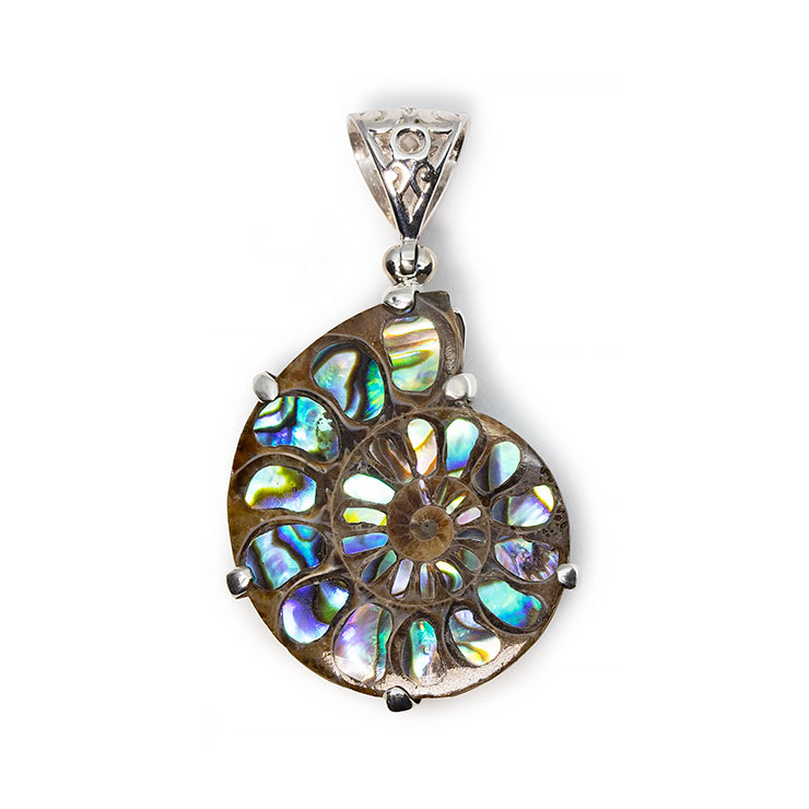 【一点もの】アンモナイトアバロンシェル 象嵌 ペンダントトップ